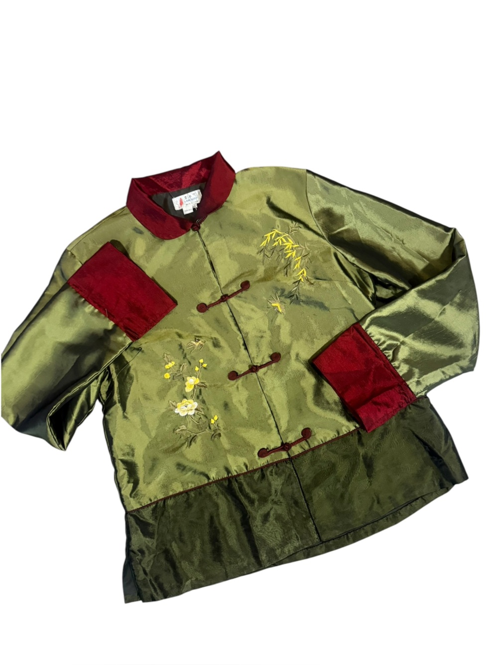Vintage 90s 100% Silk Asian Embroidered Frog Closure Mandarin Jacket Shirt XL